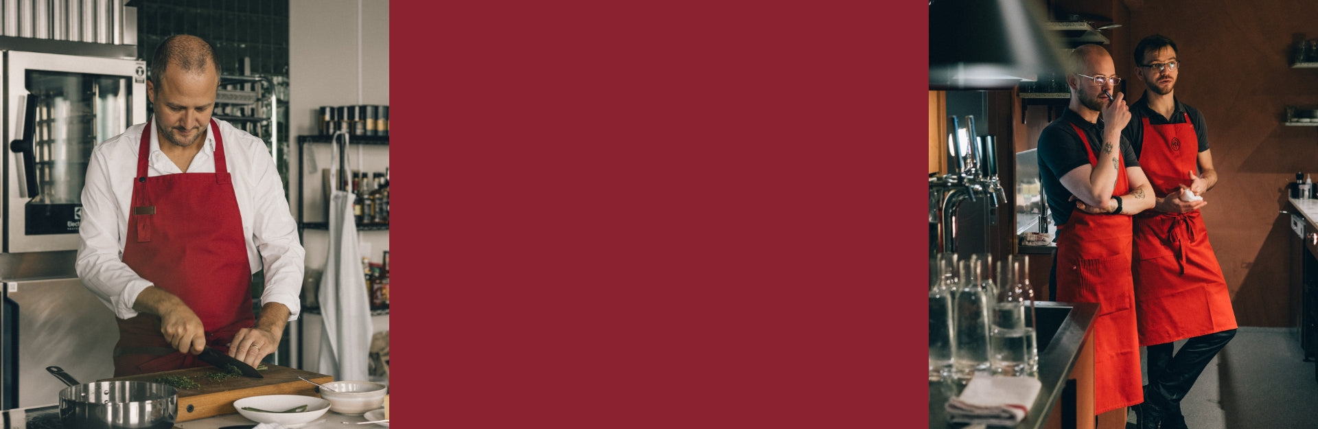 Collage med kockar i röda förkläden i restaurangkök – julkampanj för professionella arbetskläder.